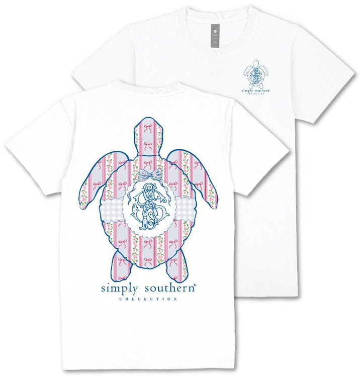 White tee with large patterned sea turtle and "simply southern collection" on back, small turtle/logo on chest. Sizes S-XXL.