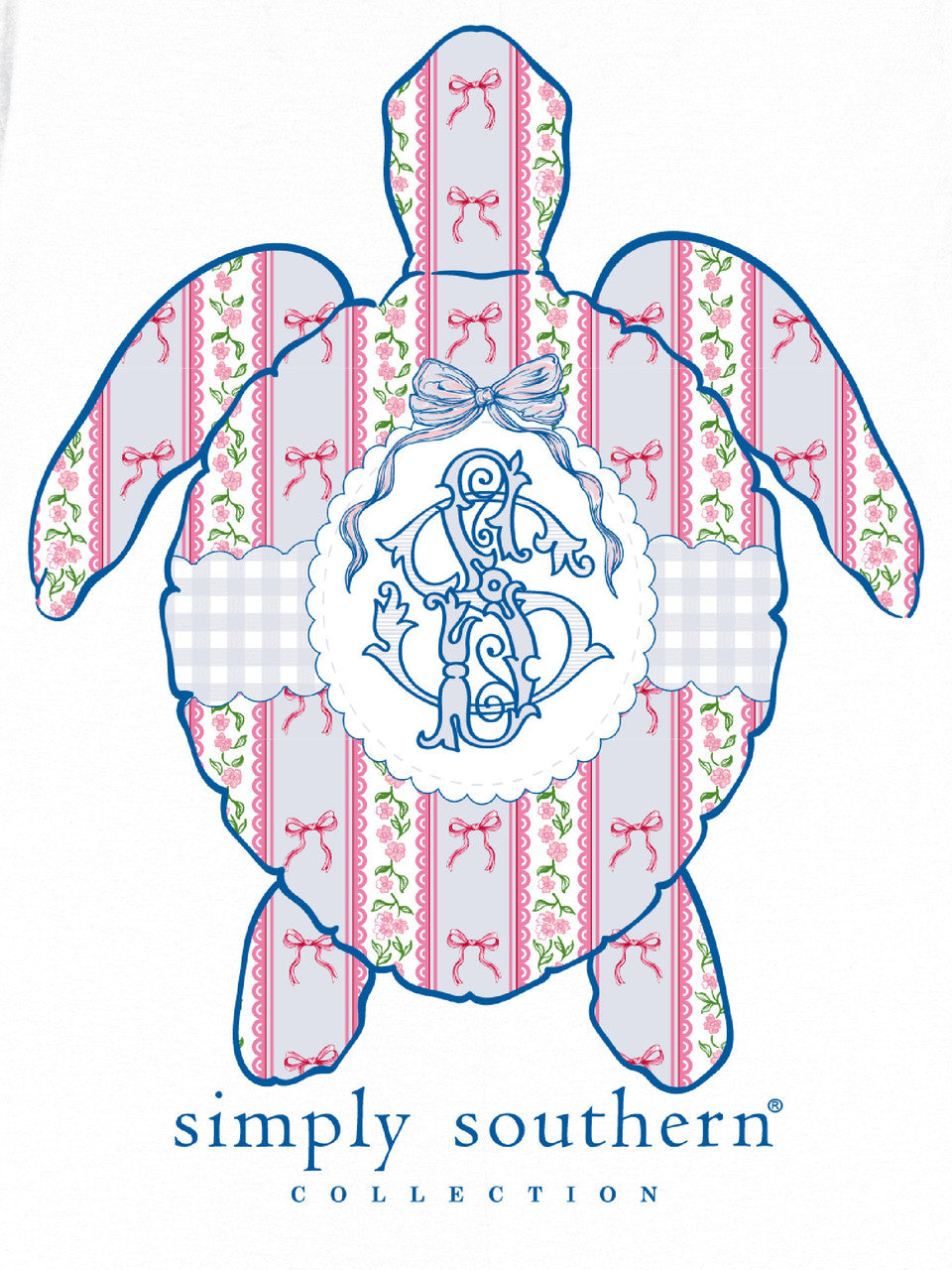 Sea turtle tee with pink/blue shell, bows, monogram, "simply southern COLLECTION" below. Sizes: S-XXL.
