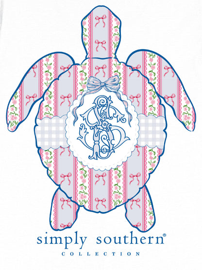 Sea turtle tee with pink/blue shell, bows, monogram, "simply southern COLLECTION" below. Sizes: S-XXL.