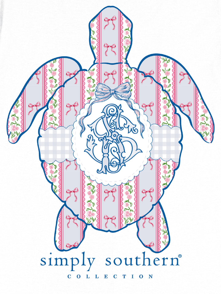 Sea turtle tee with pink/blue shell, bows, monogram, "simply southern COLLECTION" below. Sizes: S-XXL.