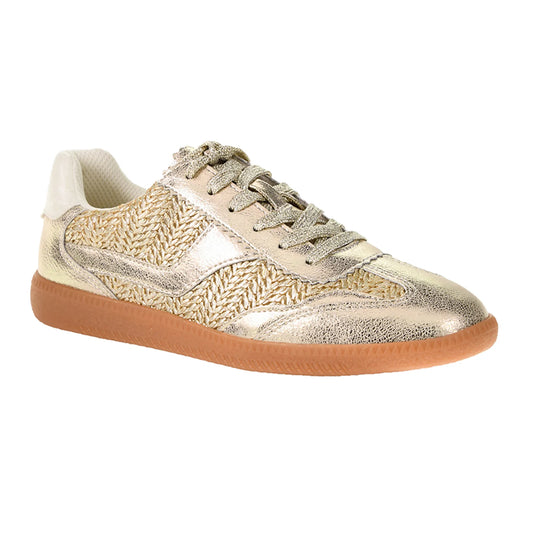 Discover the Tropics Sneaker - Metallic Gold: Woven gold and beige patterns, glossy finish, matching gold laces, light brown rubber sole. Sizes available: 6-12.