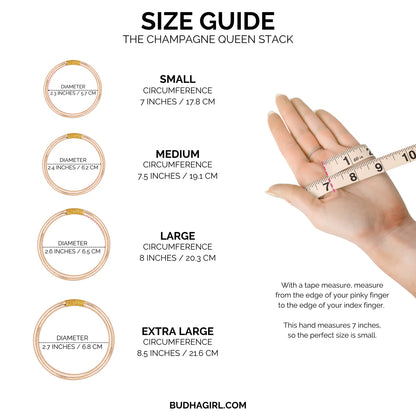 The Champagne Queen Stack sizing chart with diameters and circumferences for 4 sizes in inches and centimeters.