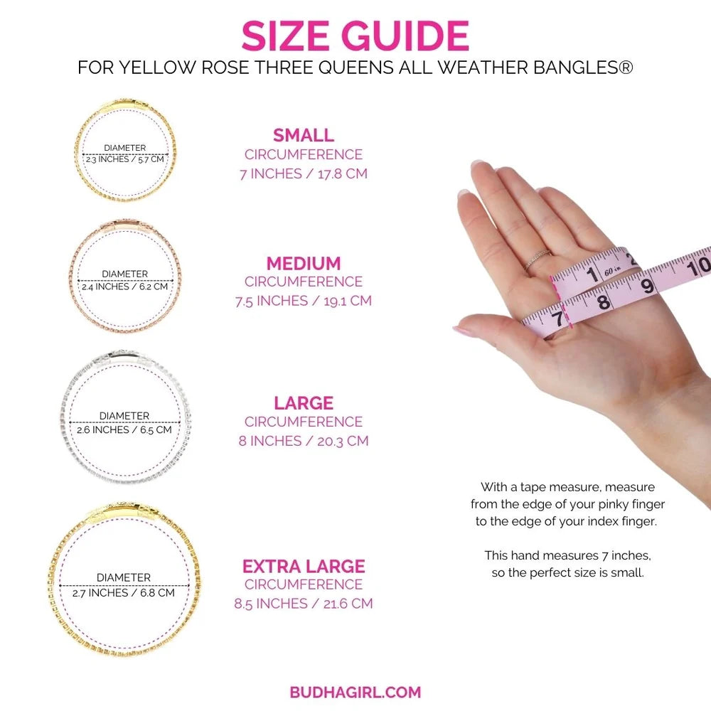Three Queens All Weather Bangles | Yellow Rose displayed with a size chart showing available sizes: small, medium, large, and extra large with their corresponding diameters and circumferences. Measurements guide for selecting the ideal fit provided.