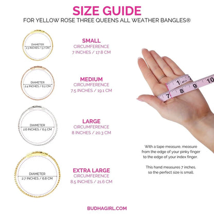 Three Queens All Weather Bangles | Yellow Rose displayed with a size chart showing available sizes: small, medium, large, and extra large with their corresponding diameters and circumferences. Measurements guide for selecting the ideal fit provided.