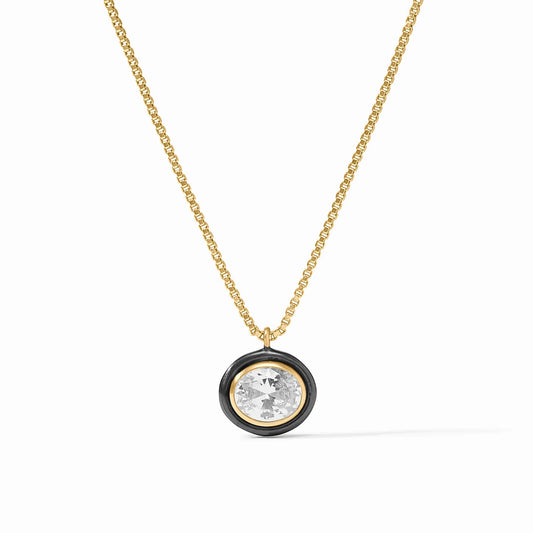 Gold plate chain with round cubic zirconia pendant in black frame. Available sizes: 16", 18".