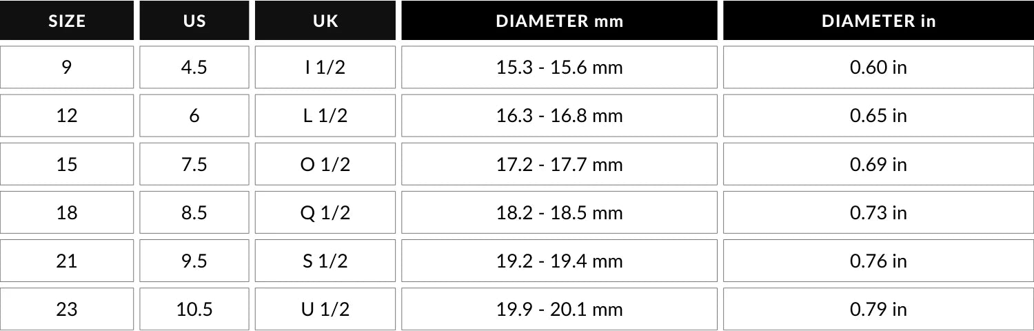 Table shows available Maxi Ring with Heart Shape sizes from 9 to 24, listing US and UK sizes plus diameter in mm and inches; made of elegant sterling silver.