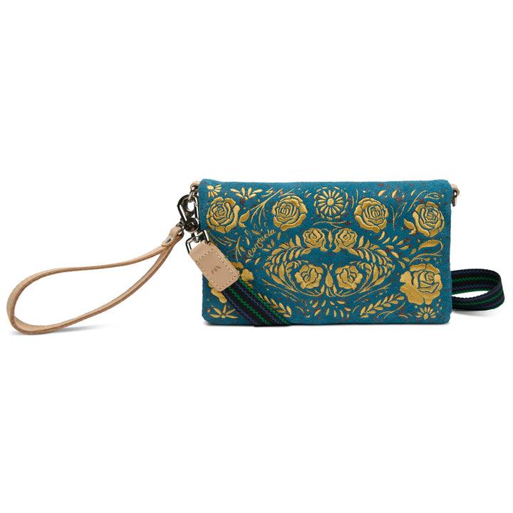 Teal clutch purse with tan wristlet, gold floral embroidery, tag, and dark green-black shoulder strap. Sizes: S, M, L.