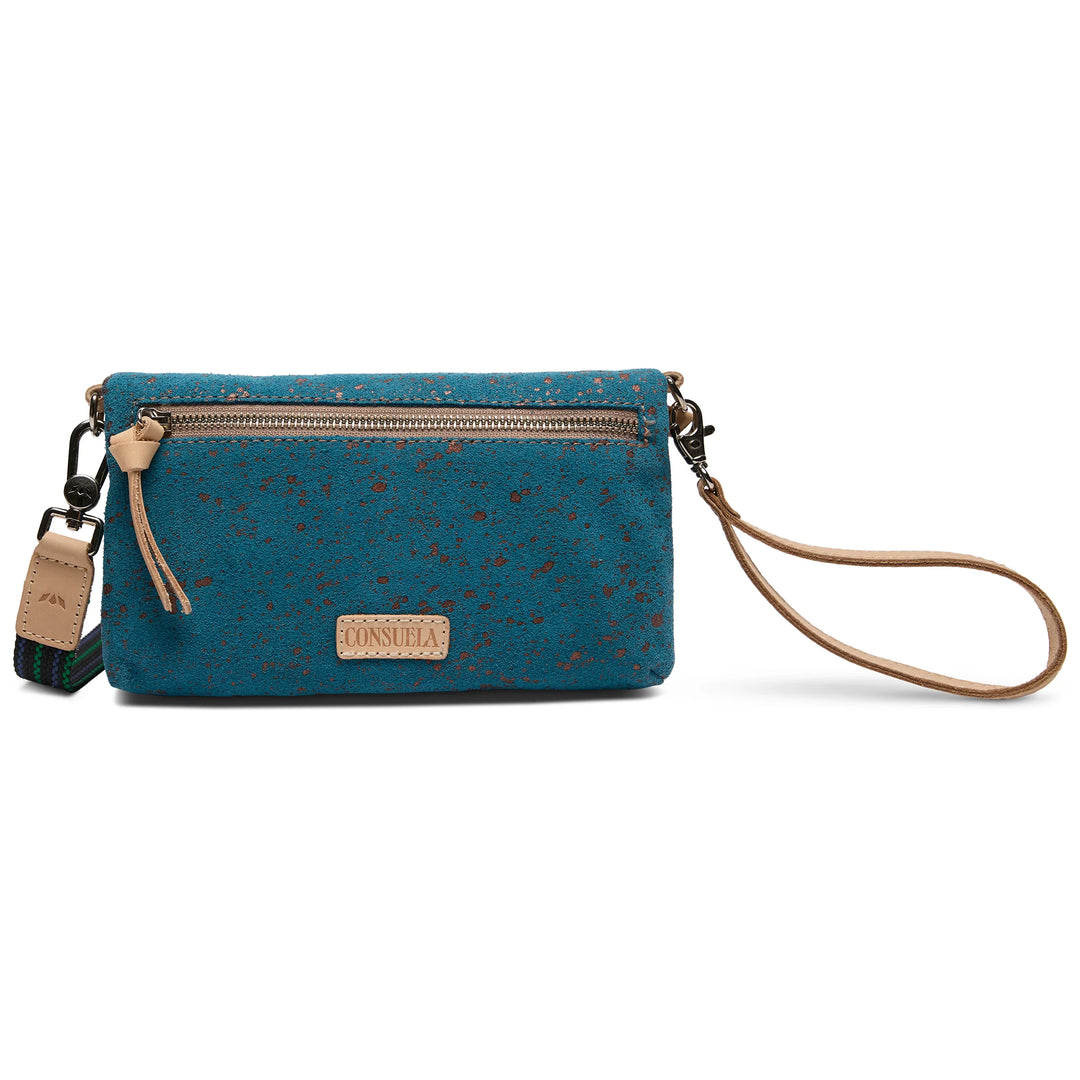 Small blue wristlet with brown speckles, tan strap, front zip pocket, logo patch, keychain tags; converts to crossbody. Sizes: S/M/L.