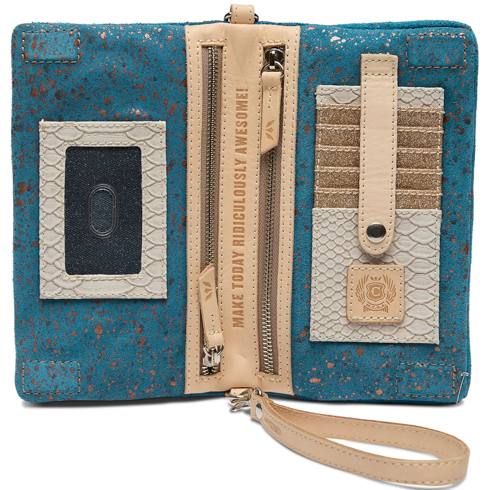 Uptown Crossbody Shiloh: teal/beige speckled, wristlet strap, card slots, clear ID window, zip pocket. Sizes: various.
