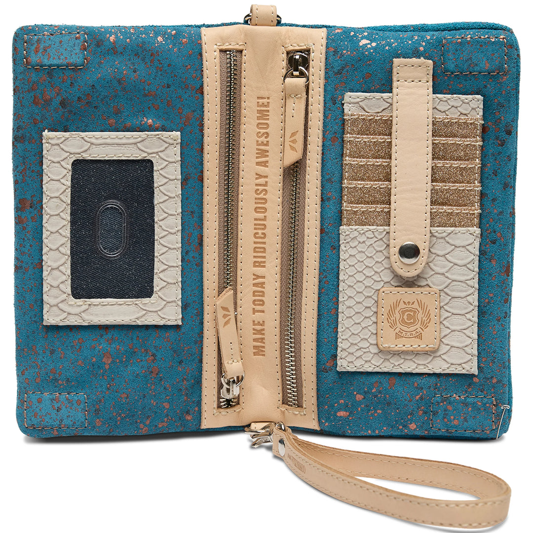 Uptown Crossbody Shiloh: teal/beige speckled, wristlet strap, card slots, clear ID window, zip pocket. Sizes: various.