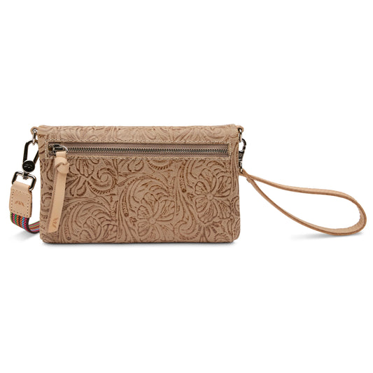 Beige floral-embossed clutch with front zip pocket, wristlet strap, multicolored keychain. Sizes: S, M, L.