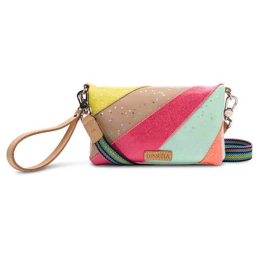 Vibrant clutch bag with glittery diagonal stripes, tan wristlet, and striped shoulder strap. Available sizes: Small, Medium.
