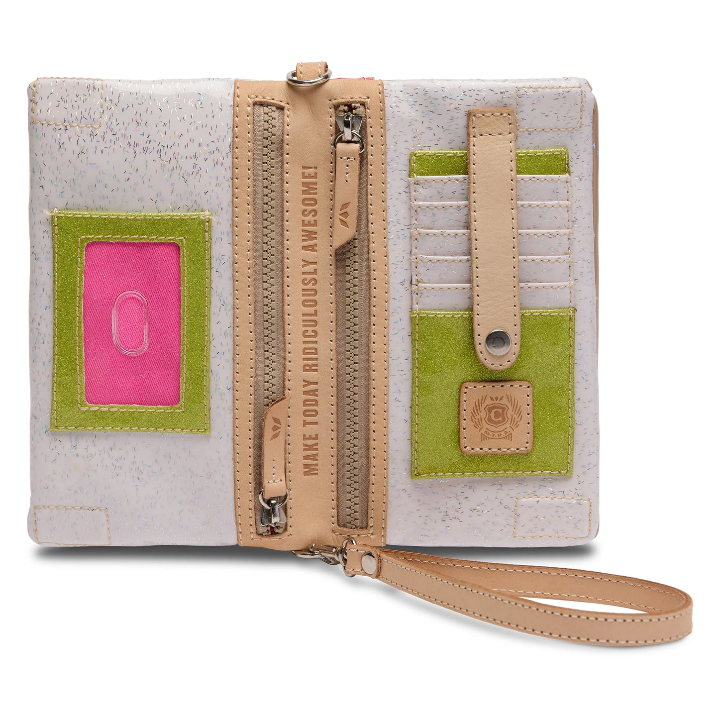 Beige and white wallet with wristlet, green/pink card slots, zip pocket, glitter accents. Sizes available.