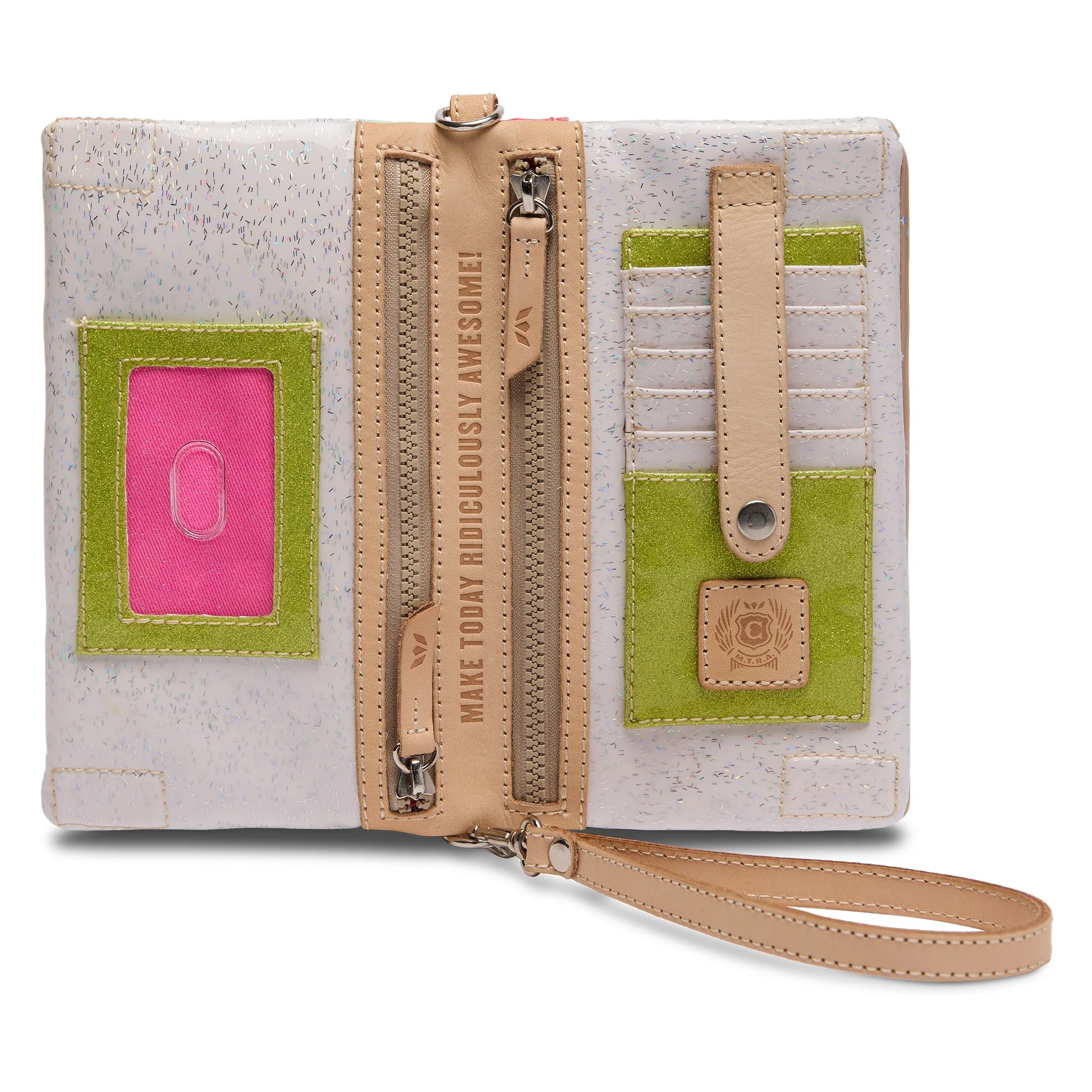 Beige and white wallet with wristlet, green/pink card slots, zip pocket, glitter accents. Sizes available.