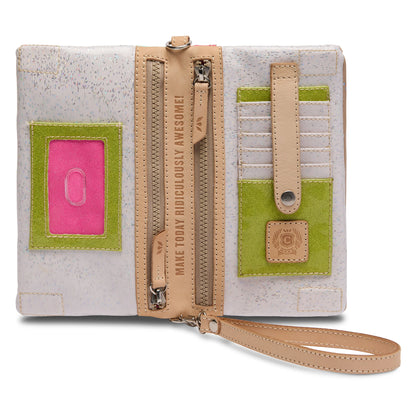 Beige and white wallet with wristlet, green/pink card slots, zip pocket, glitter accents. Sizes available.