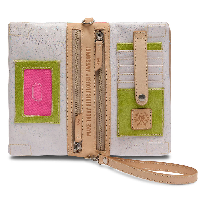 Beige and white wallet with wristlet, green/pink card slots, zip pocket, glitter accents. Sizes available.