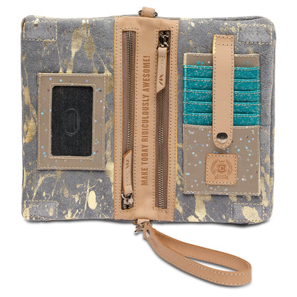 Open Uptown Crossbody, Jagger—compact fabric and leather wallet with teal card slots, mesh ID window, zipper pocket, tan wristlet strap, and “MAKE TODAY RIDICULOUSLY AWESOME!” embossed inside. Sizes available.