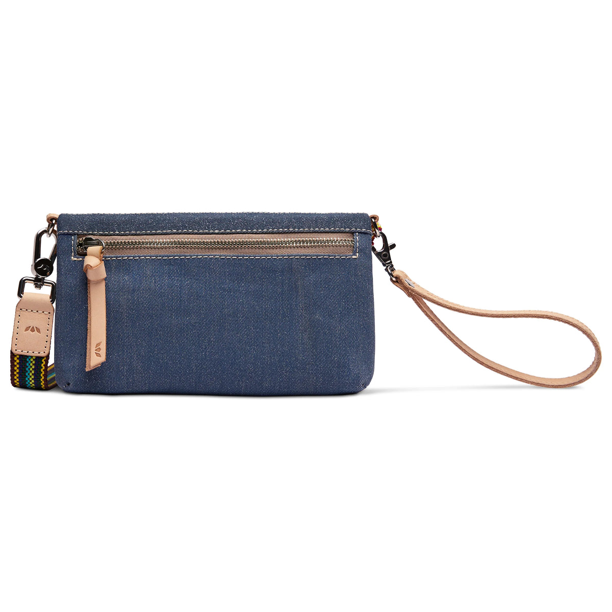 Uptown Crossbody in Royal denim with front zipper pocket, beige leather zipper pull, detachable beige wristlet strap, interior card holder slots, and small colorful woven accent strap. Available sizes: Small, Medium, Large.