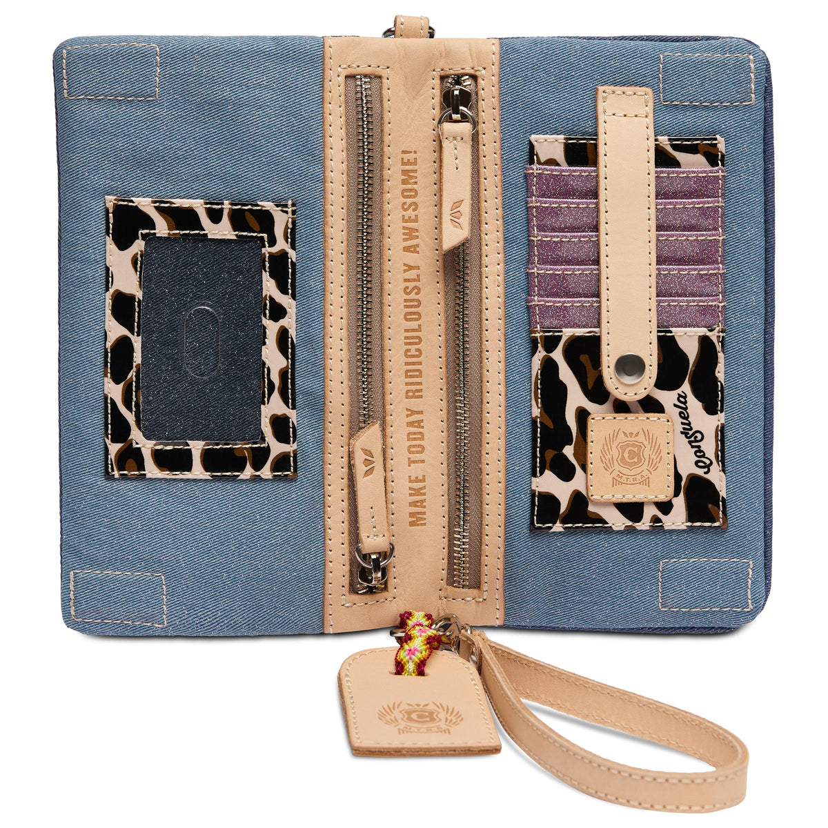 Blue Uptown Crossbody wallet with tan accents, zipper closure, card slots, leopard print details, and keychain wristlet strap. Text: “Make today ridiculously awesome.” Available in one size.