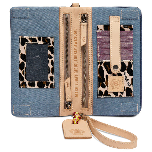 Blue Uptown Crossbody wallet with tan accents, zipper closure, card slots, leopard print details, and keychain wristlet strap. Text: “Make today ridiculously awesome.” Available in one size.