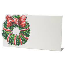 Folded white Holiday Wreath Place Cards with a watercolor green festive wreath and red bow.