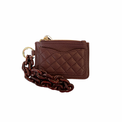 Brown quilted vegan cardholder with gold zipper, keyring, chunky chain, and curved pocket. Sizes: S, M, L.