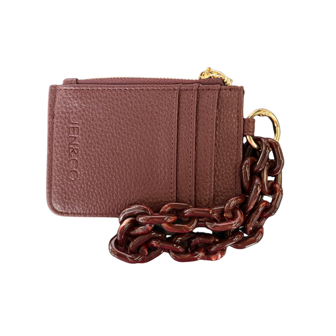 Brown Rhodes Vegan Quilted Bangle Wallet with chain detail; available in small and large sizes.