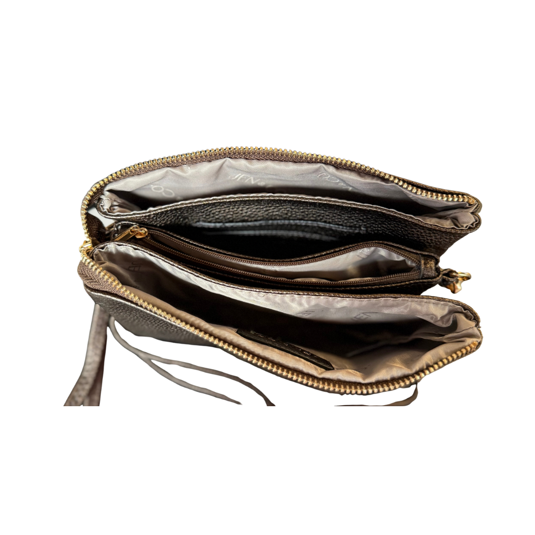 Brown vegan leather Riley Crossbody Bag with 3 main compartments, inner zip pocket, wrist strap. Sizes: small, medium, large.