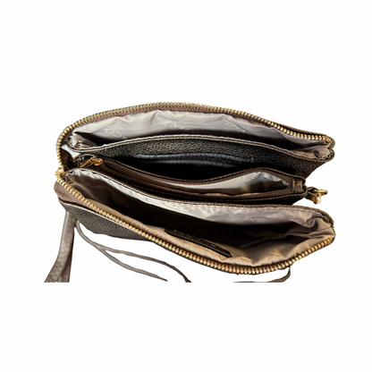 Brown vegan leather Riley Crossbody Bag with 3 main compartments, inner zip pocket, wrist strap. Sizes: small, medium, large.