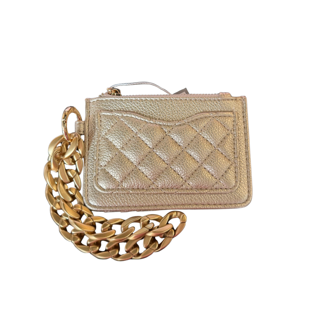 The Rhodes Vegan Quilted Bangle Wallet is a small gold wallet with a zipper closure and chunky gold chain. Available in small size.
