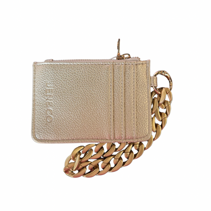 Rhodes Vegan Quilted Bangle Wallet with acrylic wristlet strap, shown close-up. Available sizes: S, M, L.