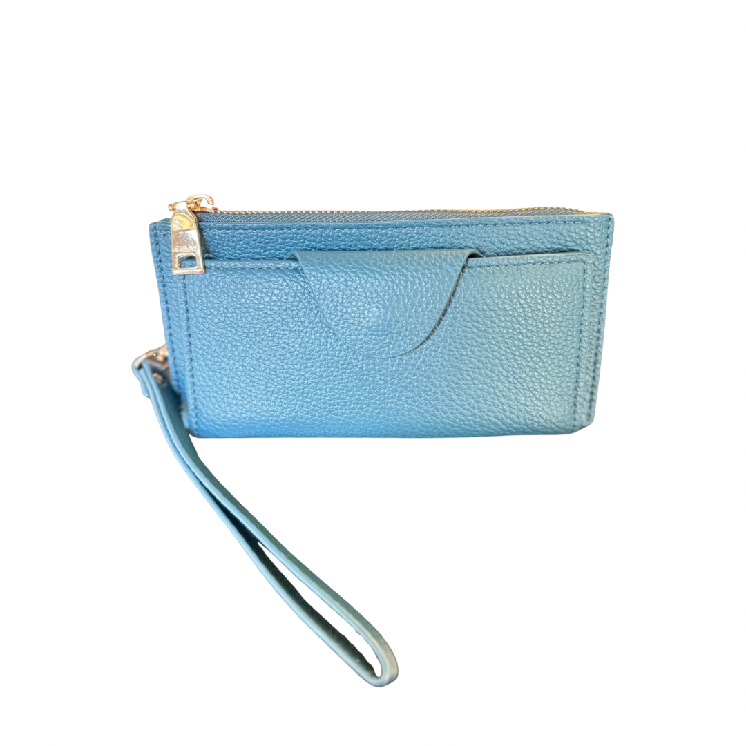 Small textured light blue wallet with zipper, exterior pocket, wristlet strap. Sizes available: one size.