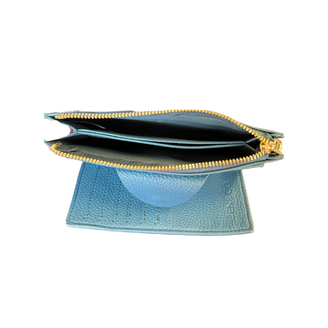 Light blue Kyla Vegan RFID Wallet with gold hardware, dark interior, two compartments, multiple card slots. Sizes: S, M, L.