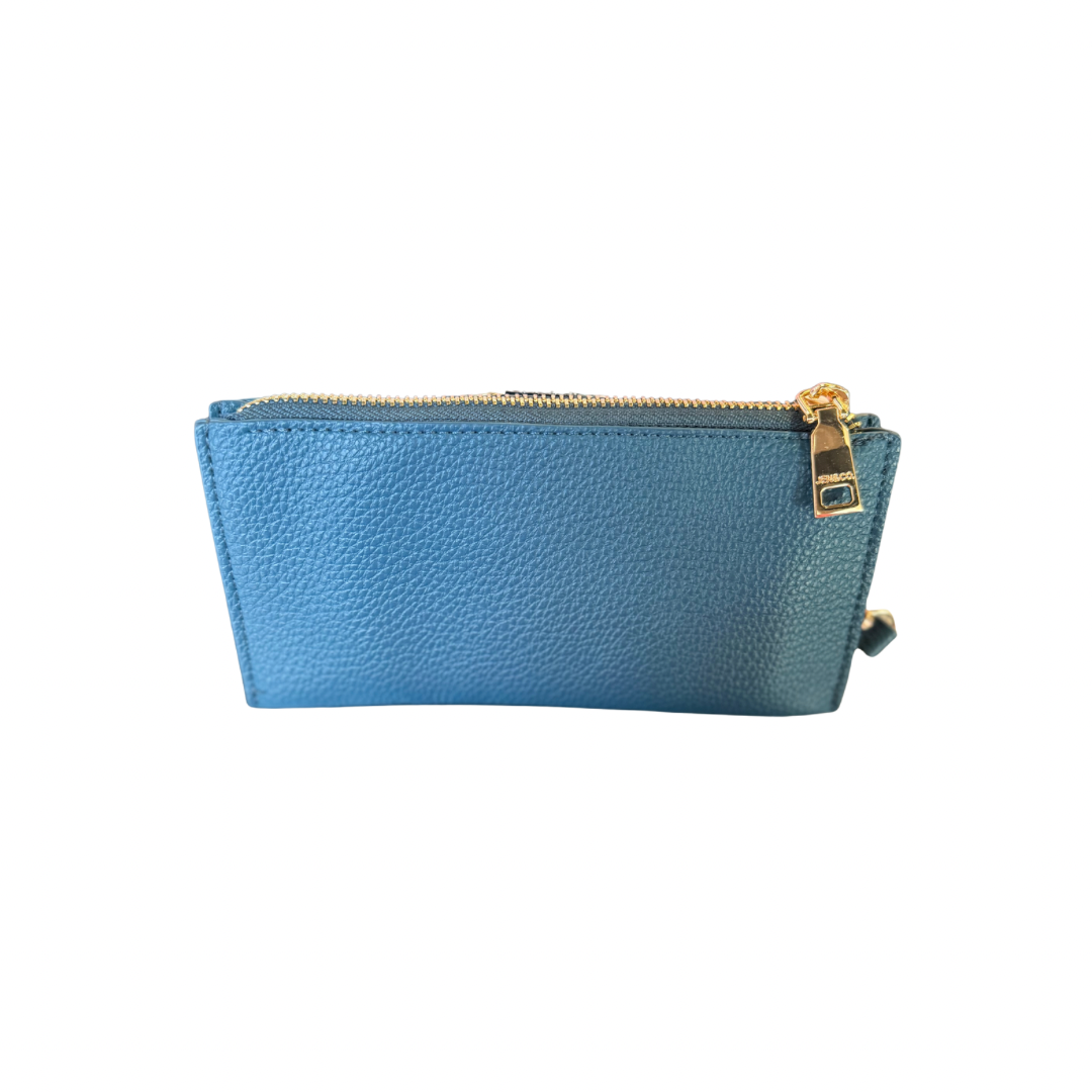 Compact, textured blue vegan leather wallet with gold zipper and pull tab. Available sizes: small, medium, large.