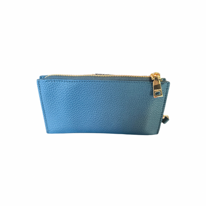 Compact, textured blue vegan leather wallet with gold zipper and pull tab. Available sizes: small, medium, large.