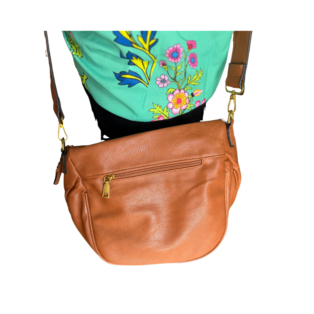 Tan vegan leather Megan Sling Bag with adjustable strap, zippered pocket, gold hardware. Available in S, M, L.
