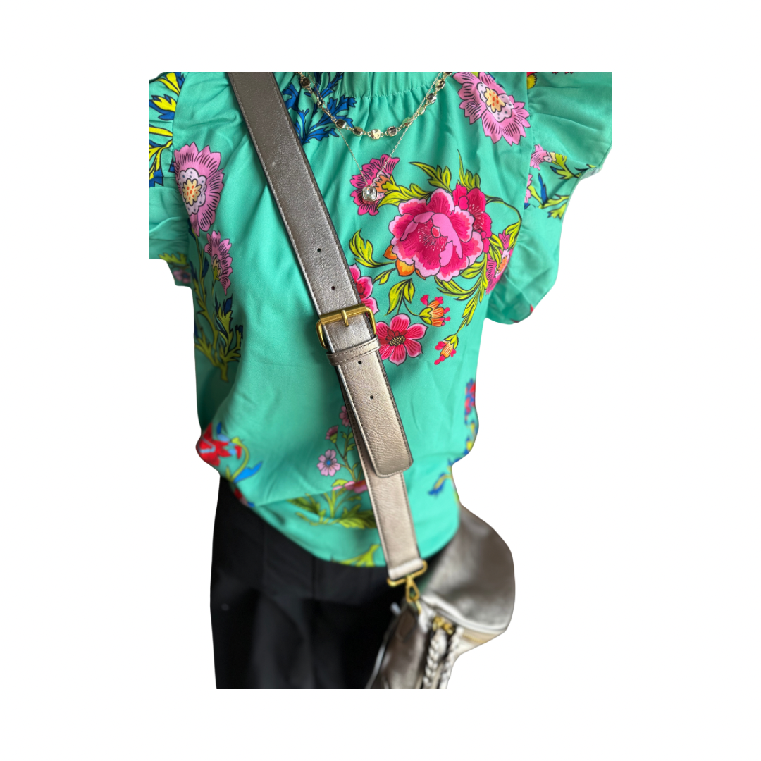 Megan Sling Bag: metallic vegan leather, adjustable strap, buckle. Available in S/M/L.