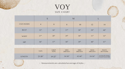 Charcoal ruffled V-neck velvet top size chart: S (2,4), M (6,8), L (10,12,14) with bust, waist, hip and length details.