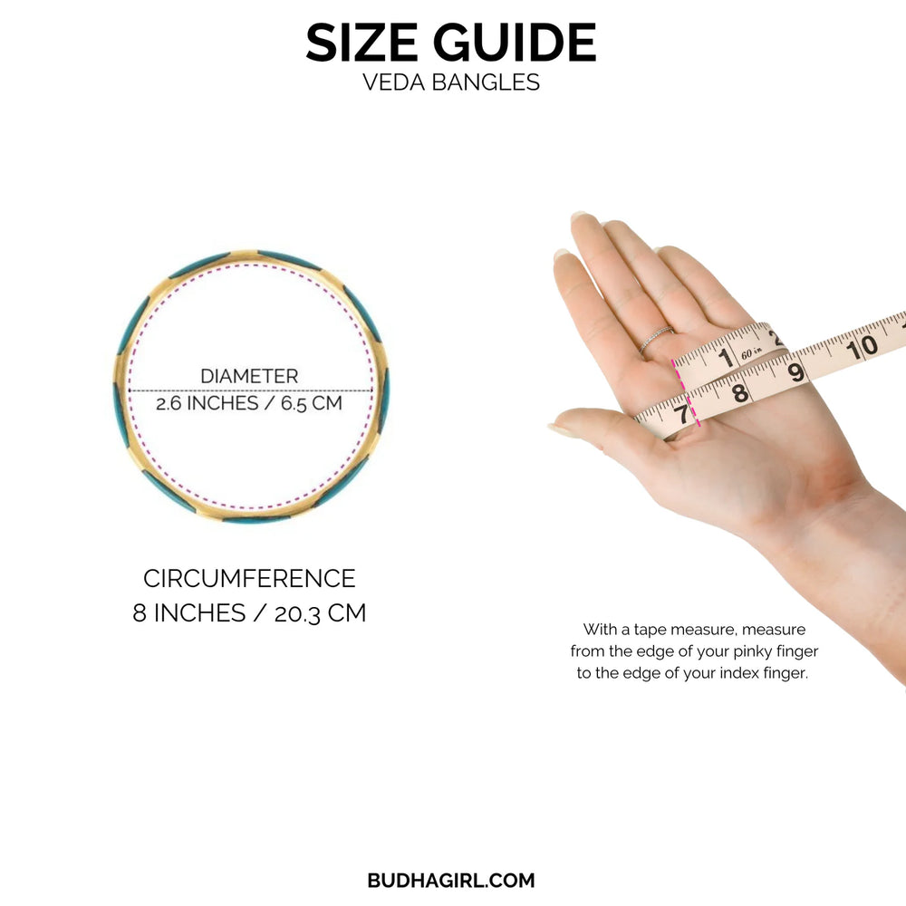 The Firecracker Veda Stack size guide: bangle with 2.6" (6.5 cm) diameter, 8" (20.3 cm) circumference shown with tape measure.