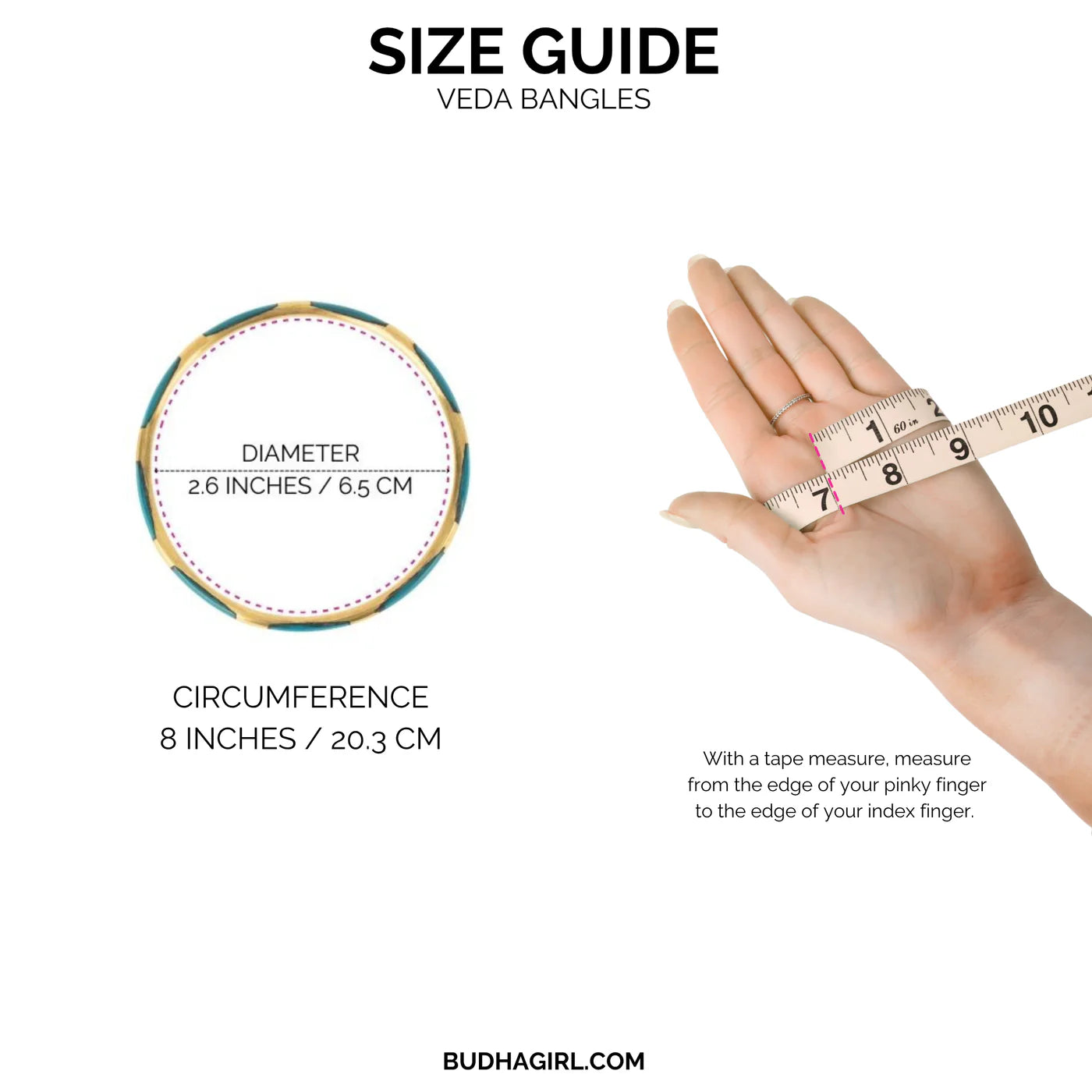 The Firecracker Veda Stack size guide: bangle with 2.6" (6.5 cm) diameter, 8" (20.3 cm) circumference shown with tape measure.