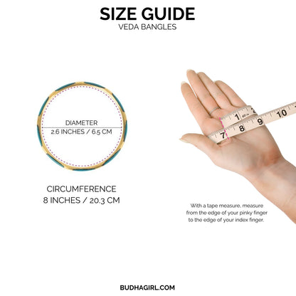 The Firecracker Veda Stack size guide: bangle with 2.6" (6.5 cm) diameter, 8" (20.3 cm) circumference shown with tape measure.