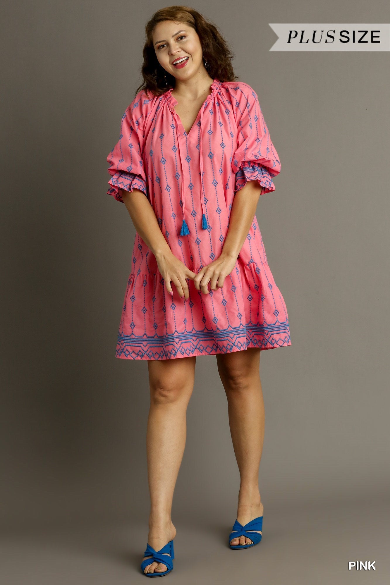 Short A-Line Dress with Embroidery detailing in pink. Features a split ruffle neckline, tassel tie, puffy sleeves and blue accents. Available in multiple sizes.