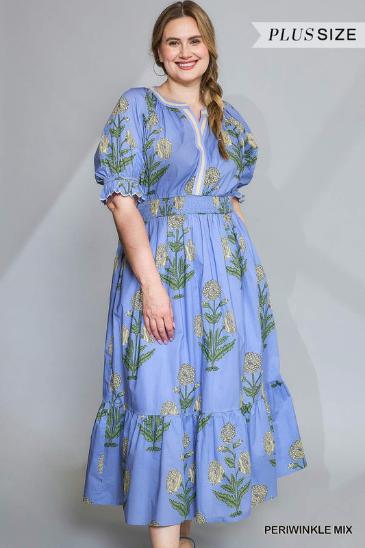 Avery Floral Smocked Midi Dress in periwinkle mix features puff sleeves, fitted waist, tiered skirt, and floral print. Available in plus sizes 1X–3X.