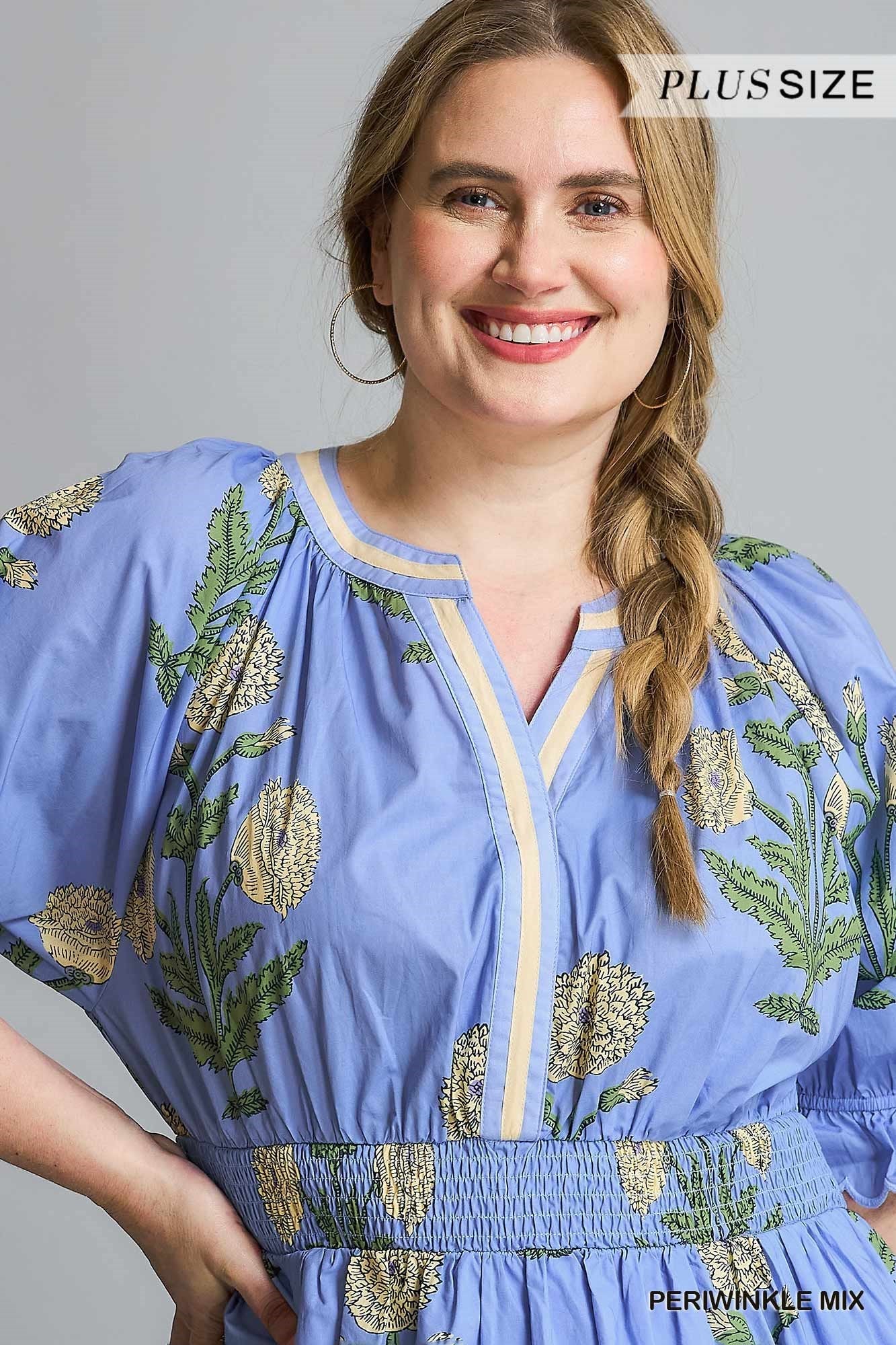 Avery Floral Smocked Midi Dress in Periwinkle Mix. Features blue floral print, gathered waist, and midi length. Available in plus sizes 1X–3X.