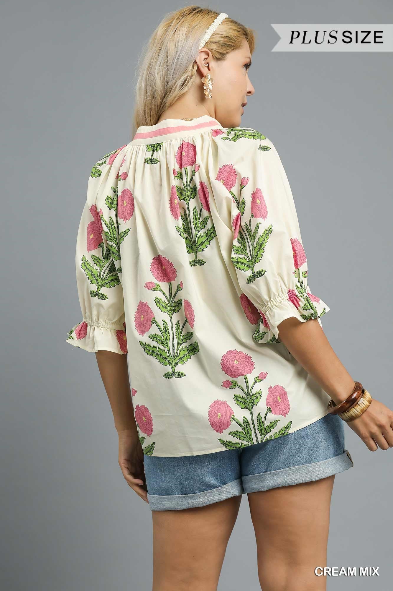 Floral Poplin Puff Sleeve Blouse with pink and green embroidery, available in plus sizes.