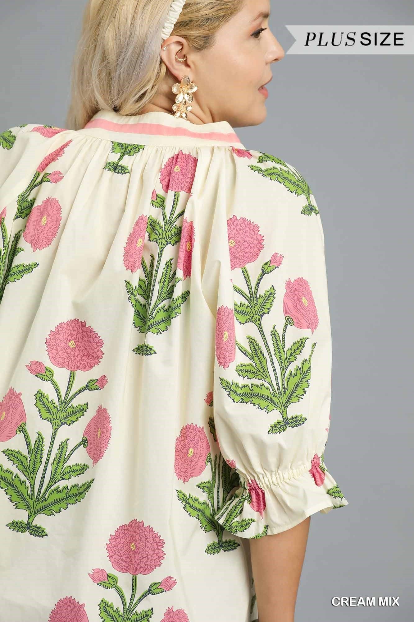 Cream-colored Poplin Puff Sleeve Blouse with pink and green floral print, available in plus sizes. Text: "CREAM MIX".