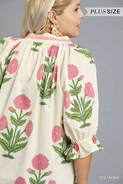 Cream-colored Poplin Puff Sleeve Blouse with pink and green floral print, available in plus sizes. Text: "CREAM MIX".