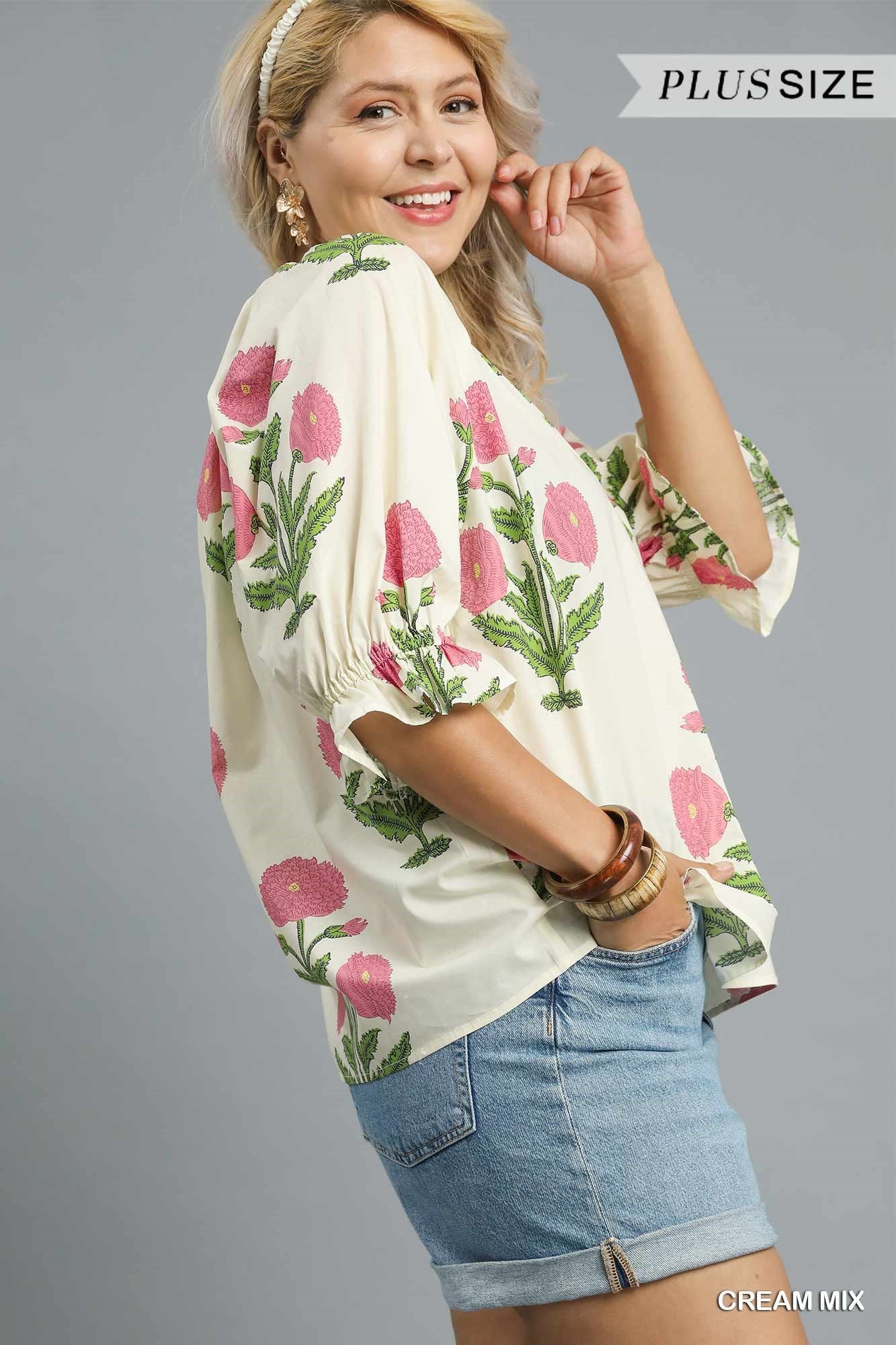 Floral Poplin Puff Sleeve Blouse in cream with pink floral print. Available in PLUS SIZE, color Cream Mix.