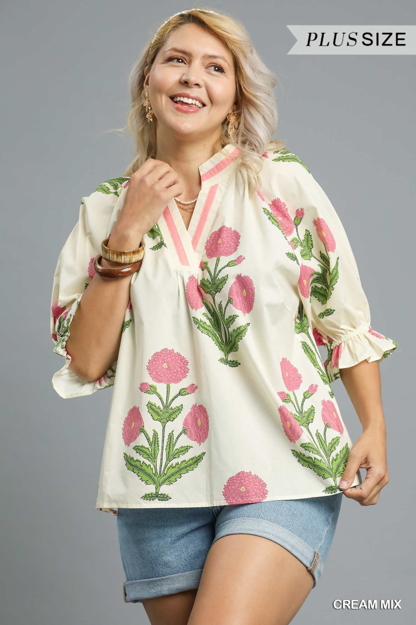 Floral Poplin Puff Sleeve Blouse, cream mix with pink flowers and green leaves. Available in plus sizes.