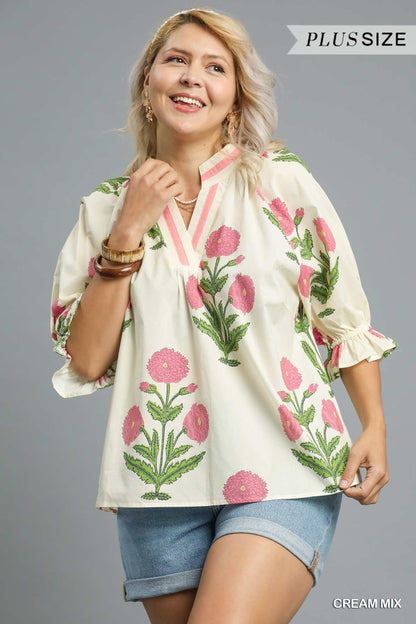 Floral Poplin Puff Sleeve Blouse, cream mix with pink flowers and green leaves. Available in plus sizes.